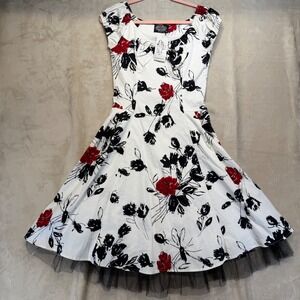 Hearts & Roses London Swing Dress Womens 12 White Red New Floral Rockabilly Bow‎